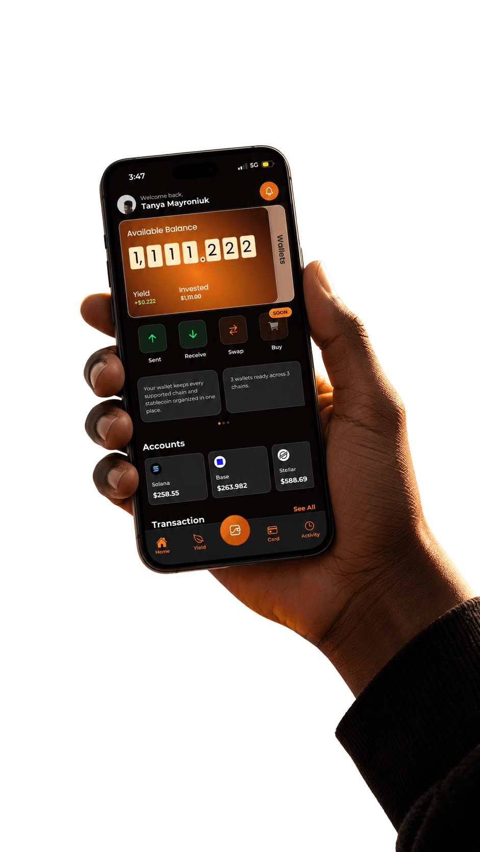 Hand holding Tomorrow's Wallet app