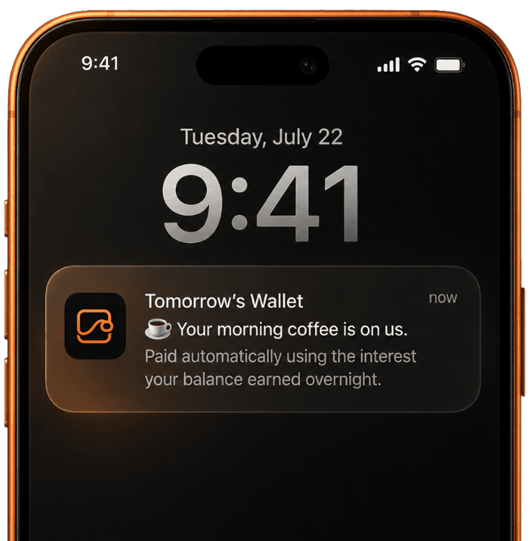 Tomorrow's Wallet notification showing an automatic morning coffee payment